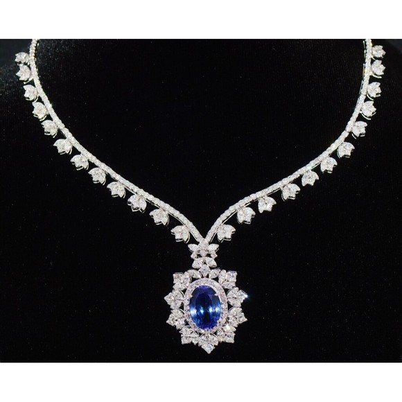 GIA Certified Natural 26.9CTS VS F Diamond Tanzanite 18K Solid Gold Necklace - Picture 2 of 12